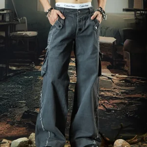 Special-Interest Design Washed Layer Cargo Pocket Frayed Line Button Retro Street All-Match Low Waist Jeans