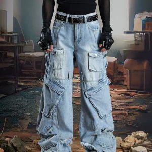 Special-Interest Design Deconstructed Three-Dimensional Multi-Pocket Trousers Cut Washed and Worn Loose Straight Cargo Jeans