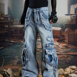 Design Heavy Industry Three-Dimensional Multi-Pocket Deconstruction Stitching High Street Function Washed and Worn Cargo Jeans
