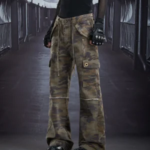 Casual Street Deconstruction Stitched Camouflage Multi-Pocket Cargo Pants Pure Cotton Bootcut Trousers
