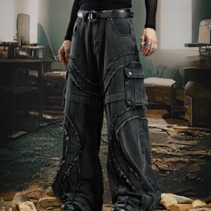 Special-Interest Design Heavy Industry Burrs Tassels Deconstruction Stitching Washed and Worn Cargo Pocket Loose Straight Jeans