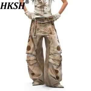 HKSH Spring Autumn New Men Tide Punk Waste Land Style Bird Pattern Three-Dimensional Structure Jeans Flared Denim Pants HK25593